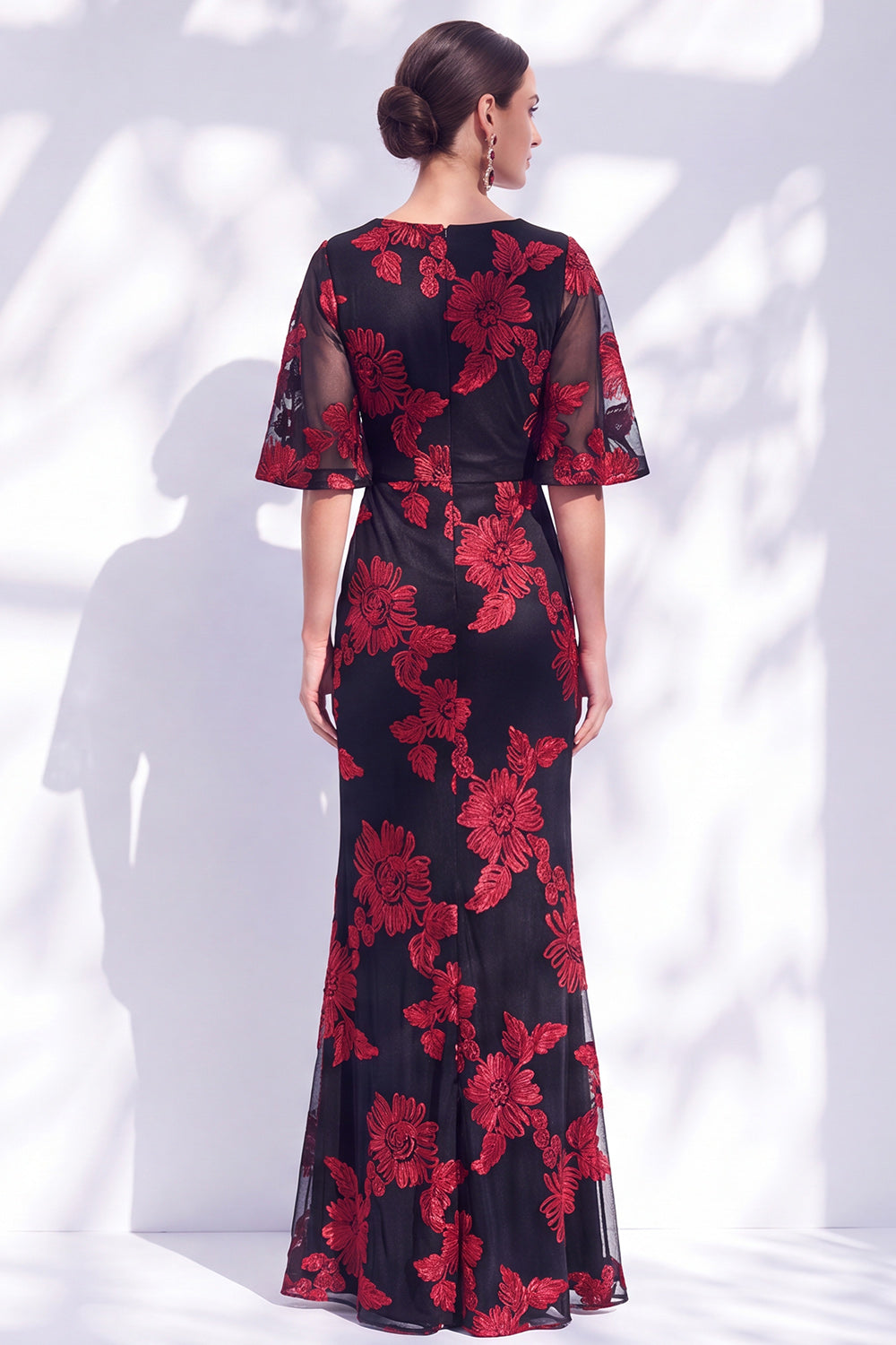 Navy Mermaid Ruffled Floral Long Mother of the Bride Dress with Half Sleeves