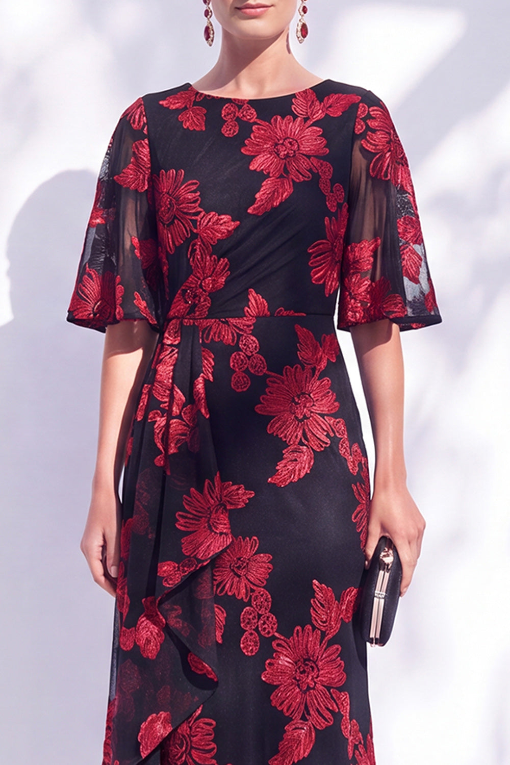 Navy Mermaid Ruffled Floral Long Mother of the Bride Dress with Half Sleeves