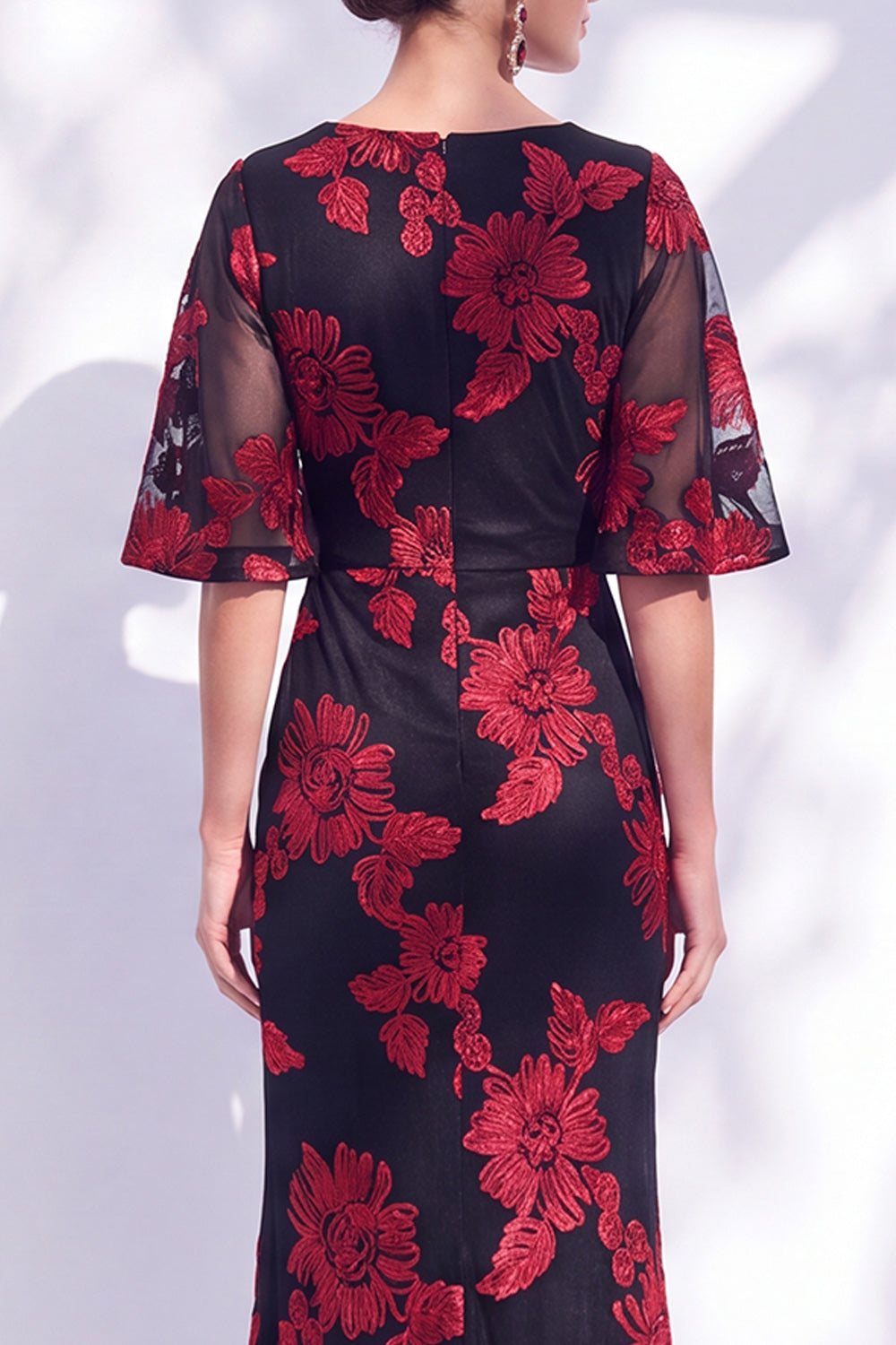 Navy Mermaid Ruffled Floral Long Mother of the Bride Dress with Half Sleeves