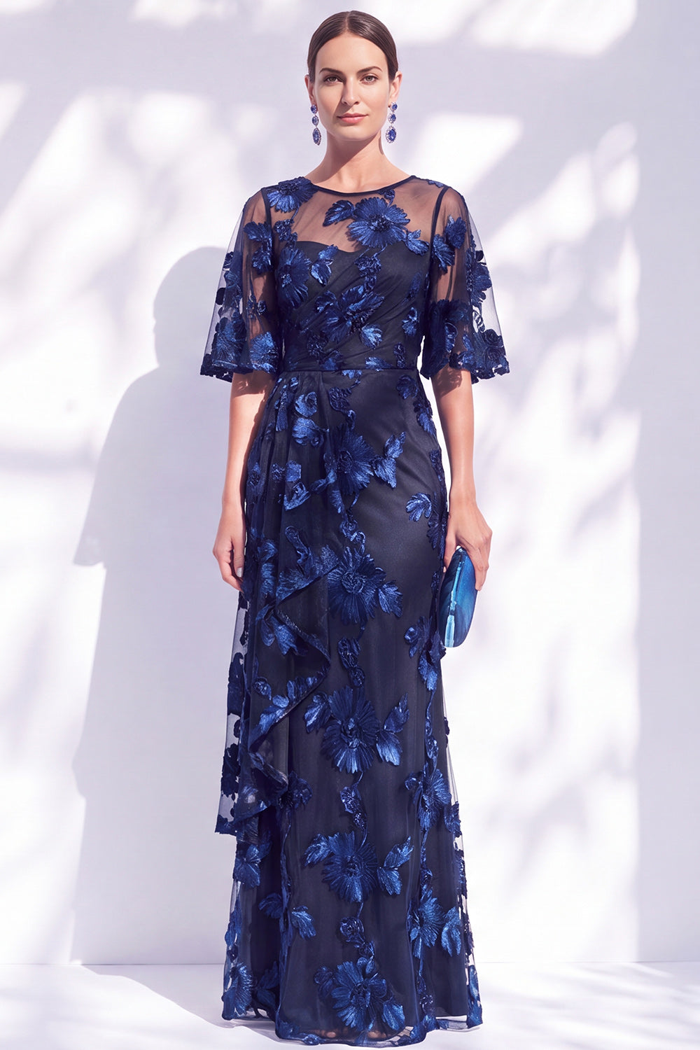 Navy Mermaid Ruffled Floral Long Mother of the Bride Dress with Half Sleeves