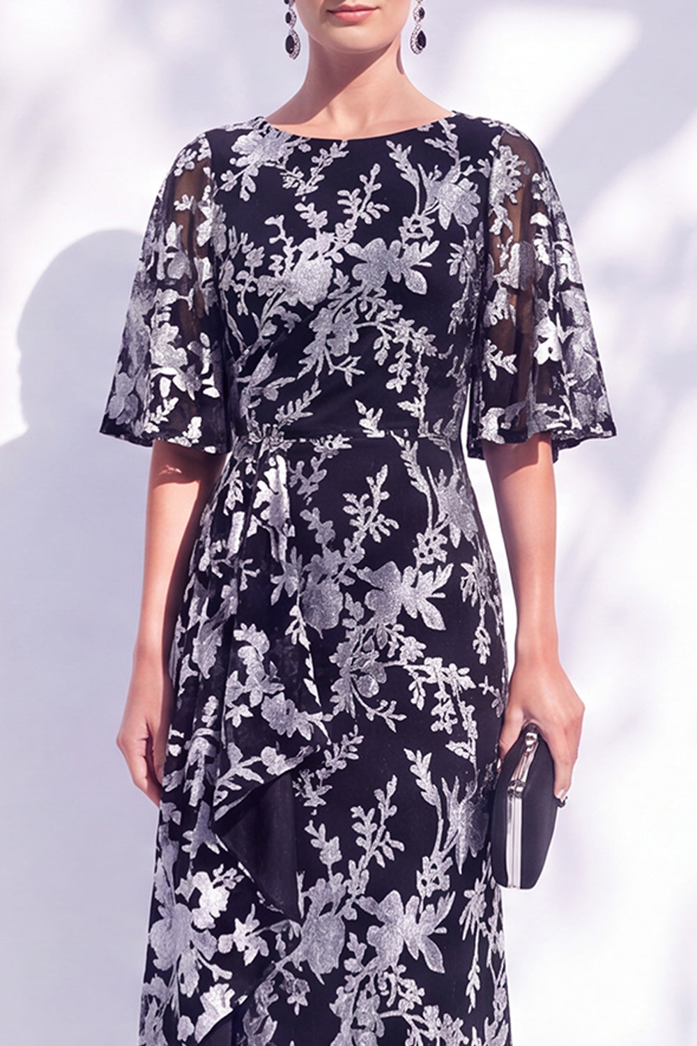 Sage Green Floral Mermaid Bateau Neck Ruched Long Mother of the Bride Dress with Sash