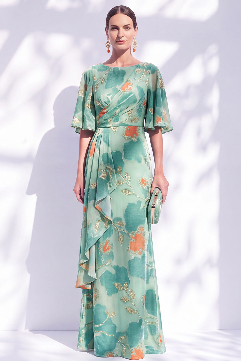 Sage Green Floral Mermaid Bateau Neck Ruched Long Mother of the Bride Dress with Sash