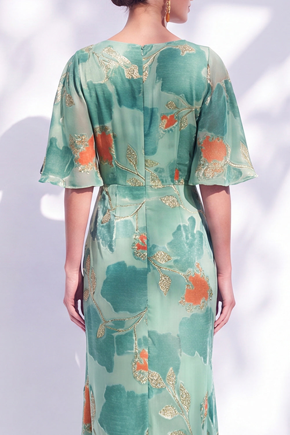 Sage Green Floral Mermaid Bateau Neck Ruched Long Mother of the Bride Dress with Sash