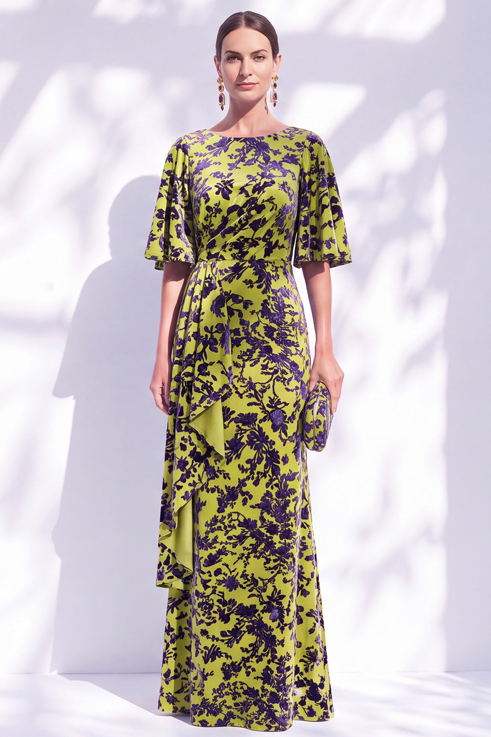 Sage Green Floral Mermaid Bateau Neck Ruched Long Mother of the Bride Dress with Sash