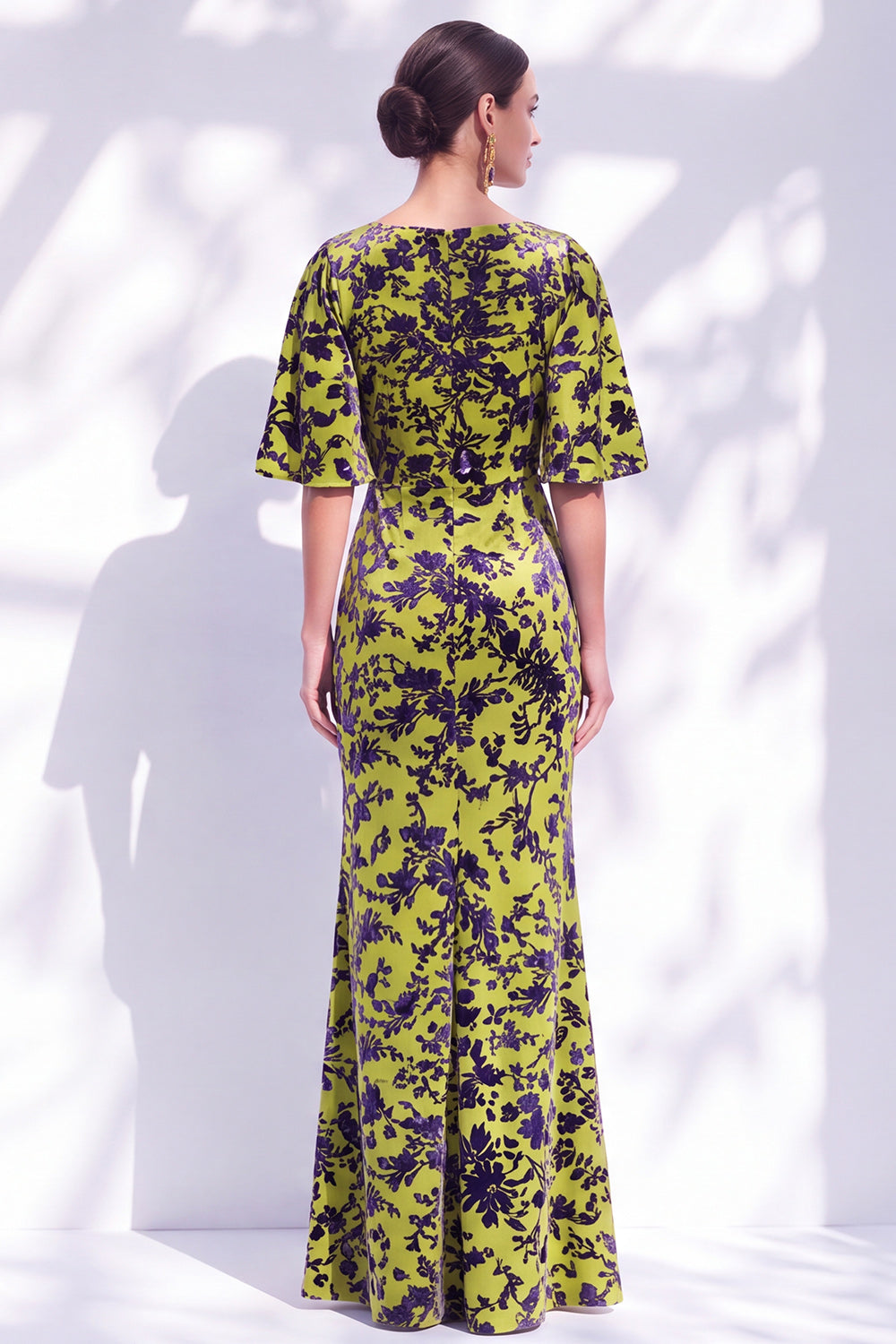 Sage Green Floral Mermaid Bateau Neck Ruched Long Mother of the Bride Dress with Sash