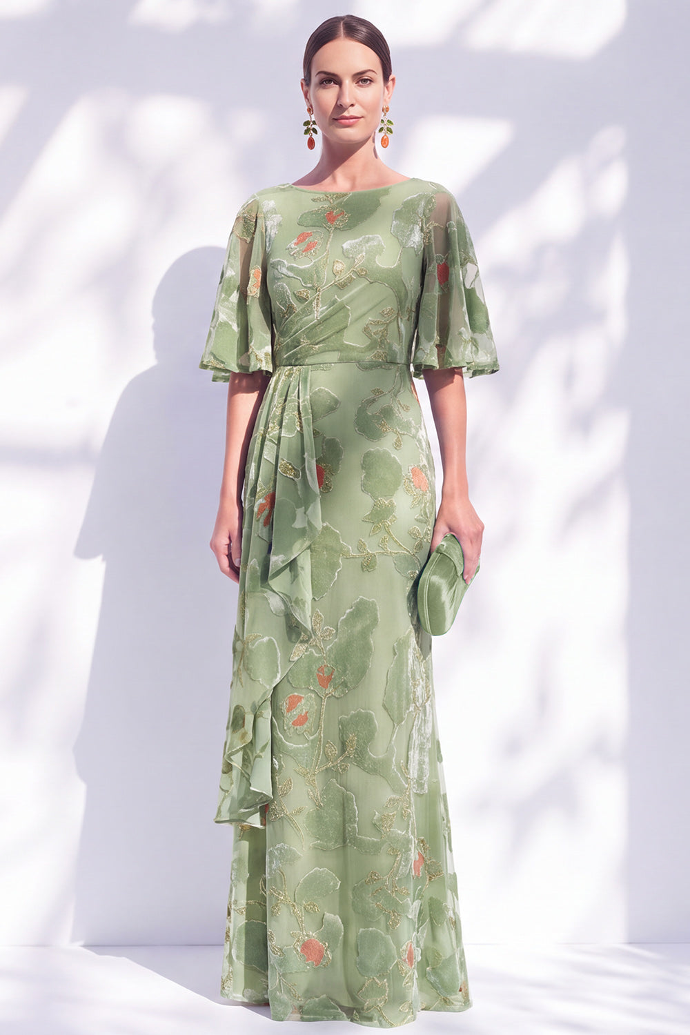 Sage Green Floral Mermaid Bateau Neck Ruched Long Mother of the Bride Dress with Sash
