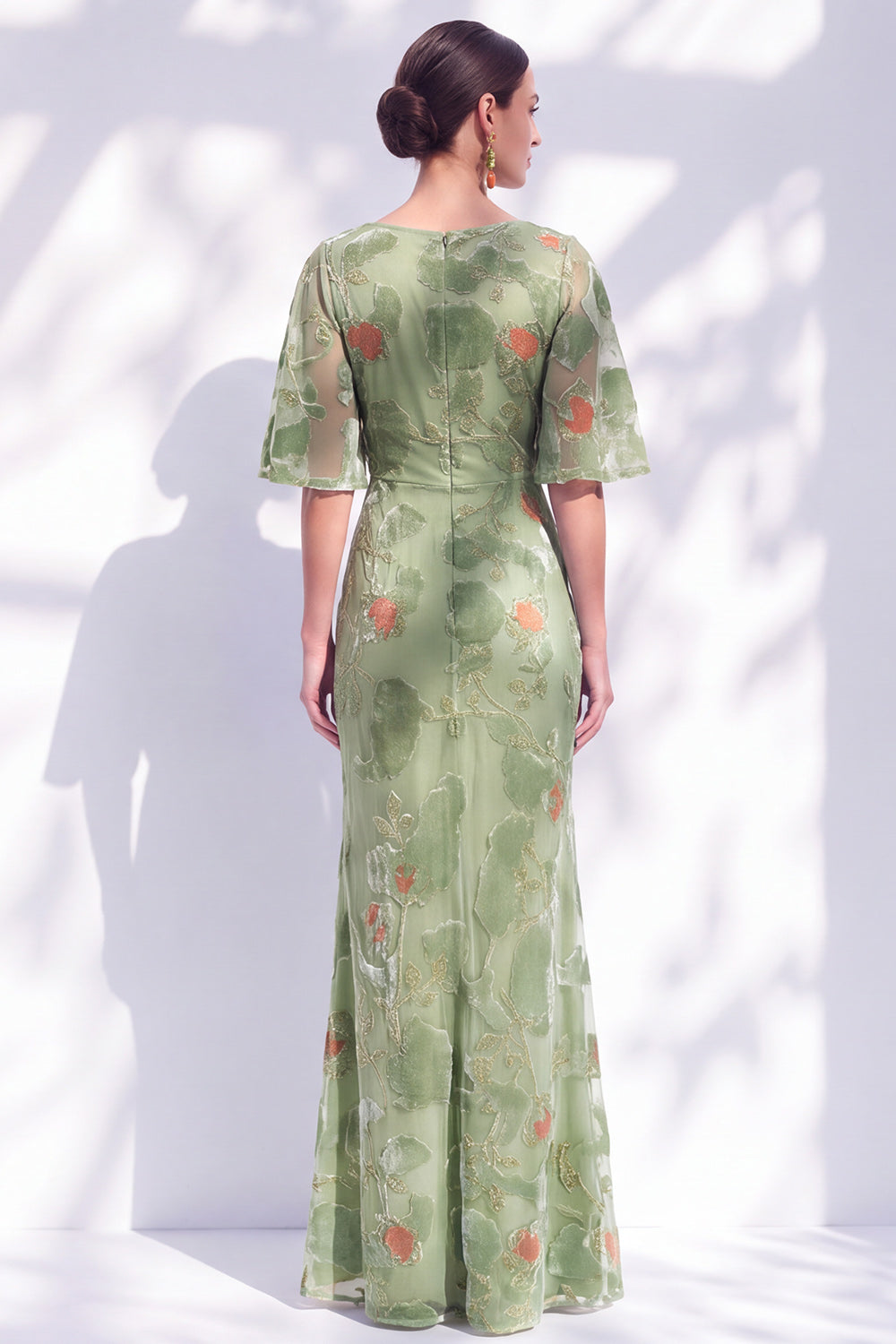 Sage Green Floral Mermaid Bateau Neck Ruched Long Mother of the Bride Dress with Sash