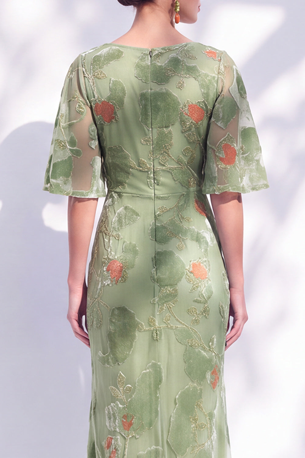 Sage Green Floral Mermaid Bateau Neck Ruched Long Mother of the Bride Dress with Sash
