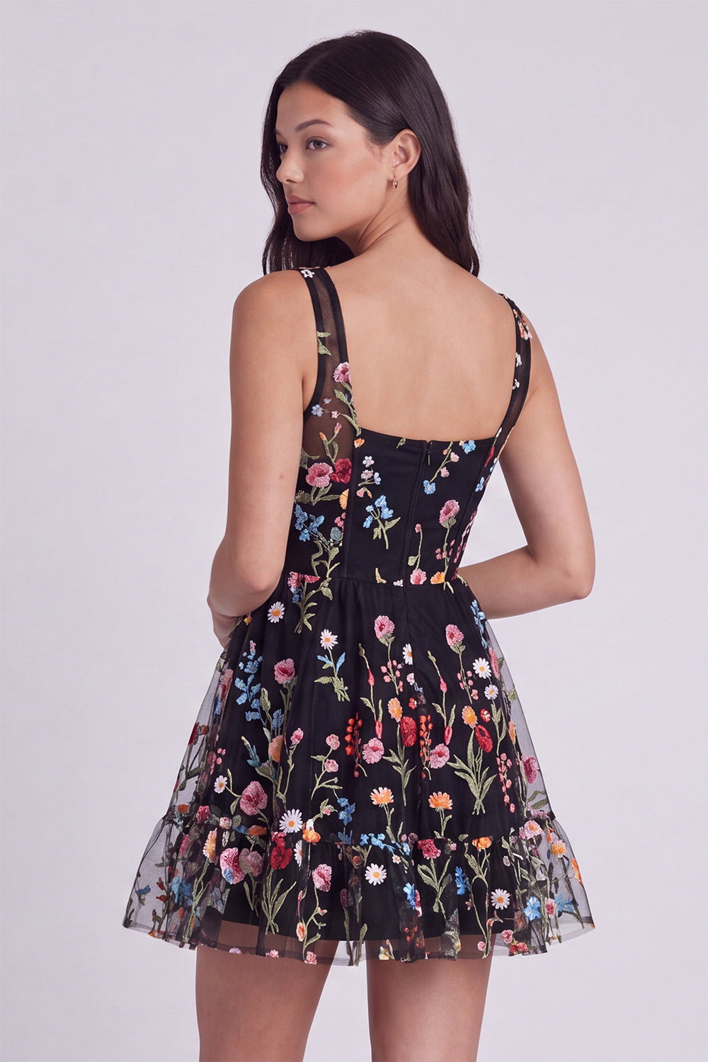 Ivory Floral Corset A-Line Square Neck Mini Graduation Dress