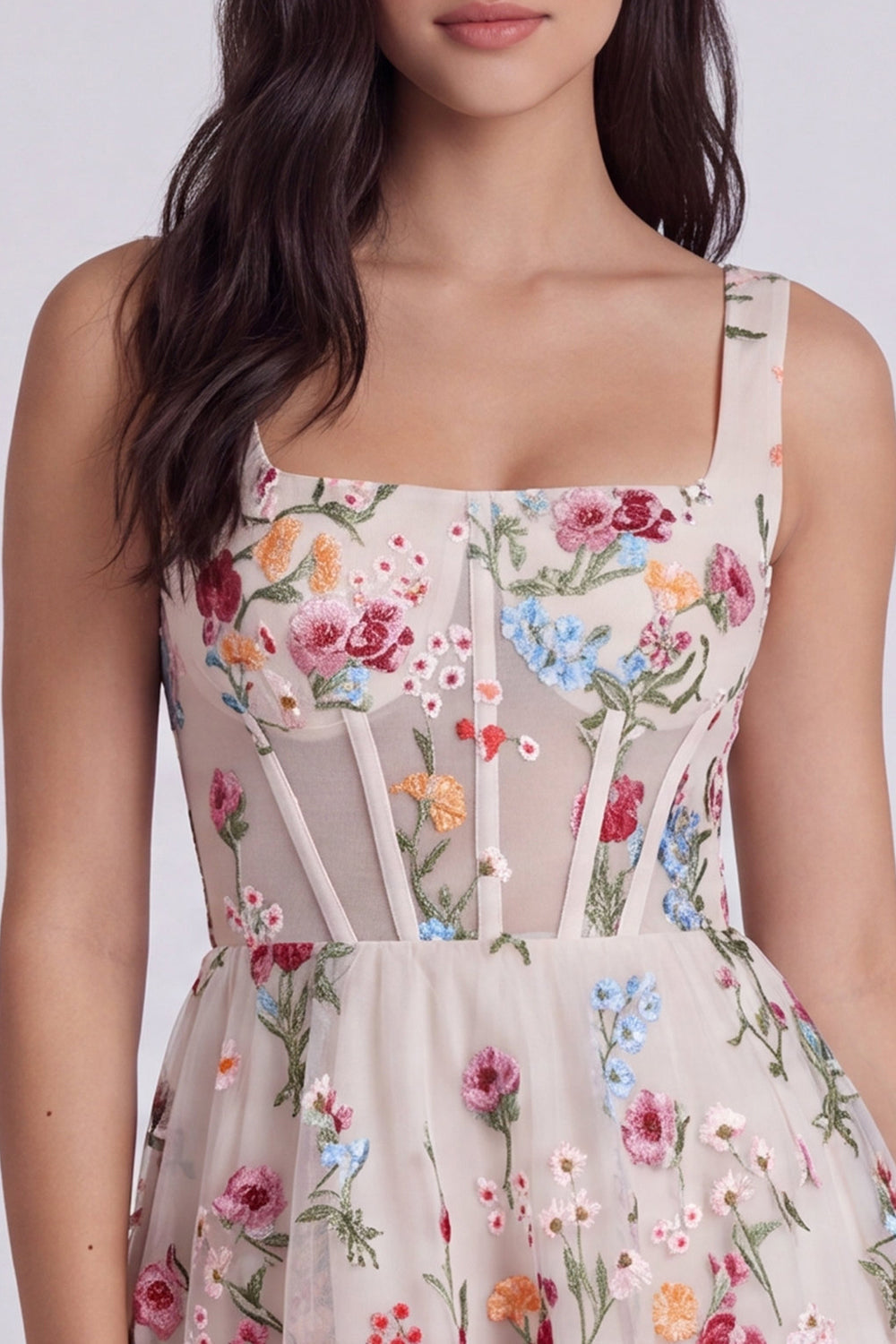 Ivory Floral Corset A-Line Square Neck Mini Graduation Dress