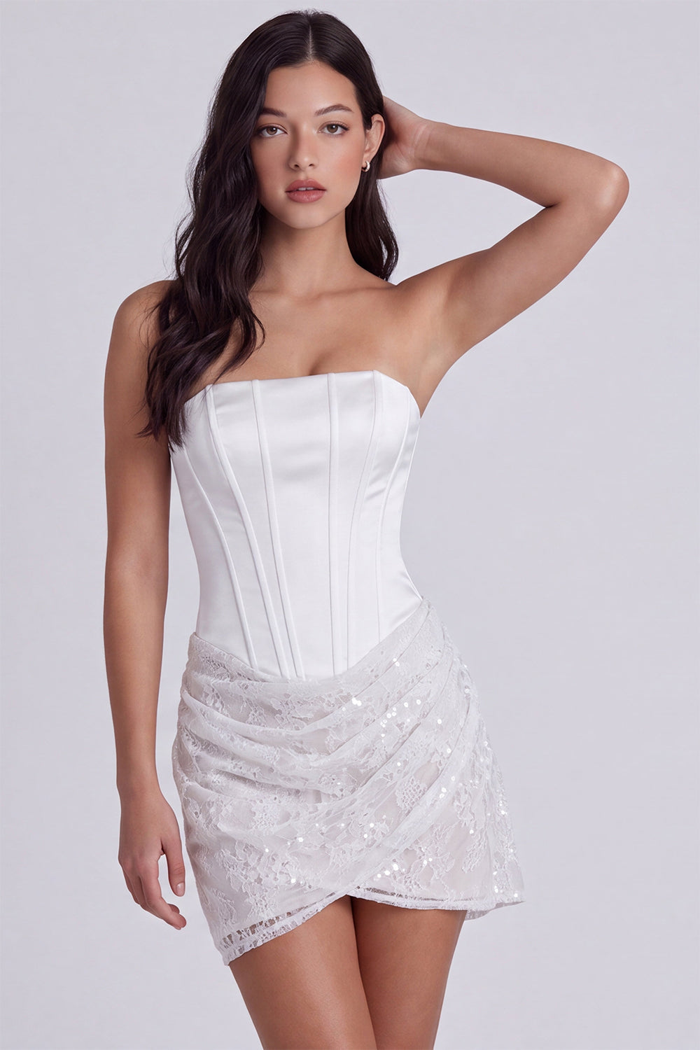 Strapless Corset Bodycon Sequins Little White Dress with Lace Up Back