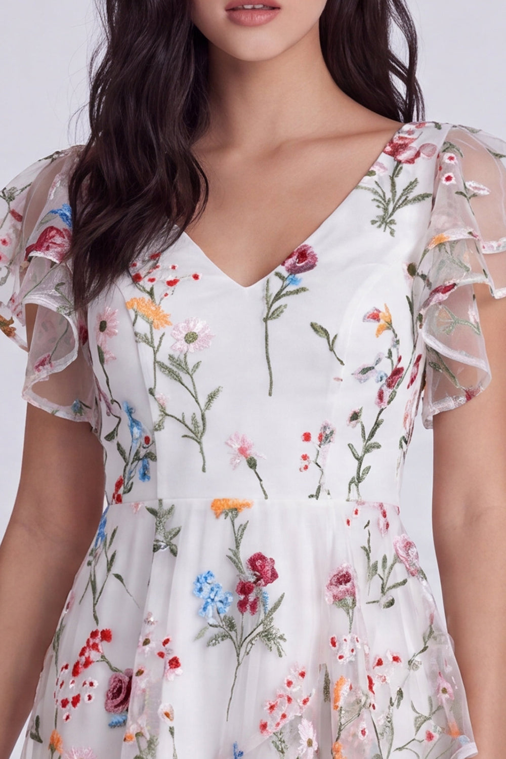 Ivory Floral A-Line V-Neck Graduation Dress with Ruffles