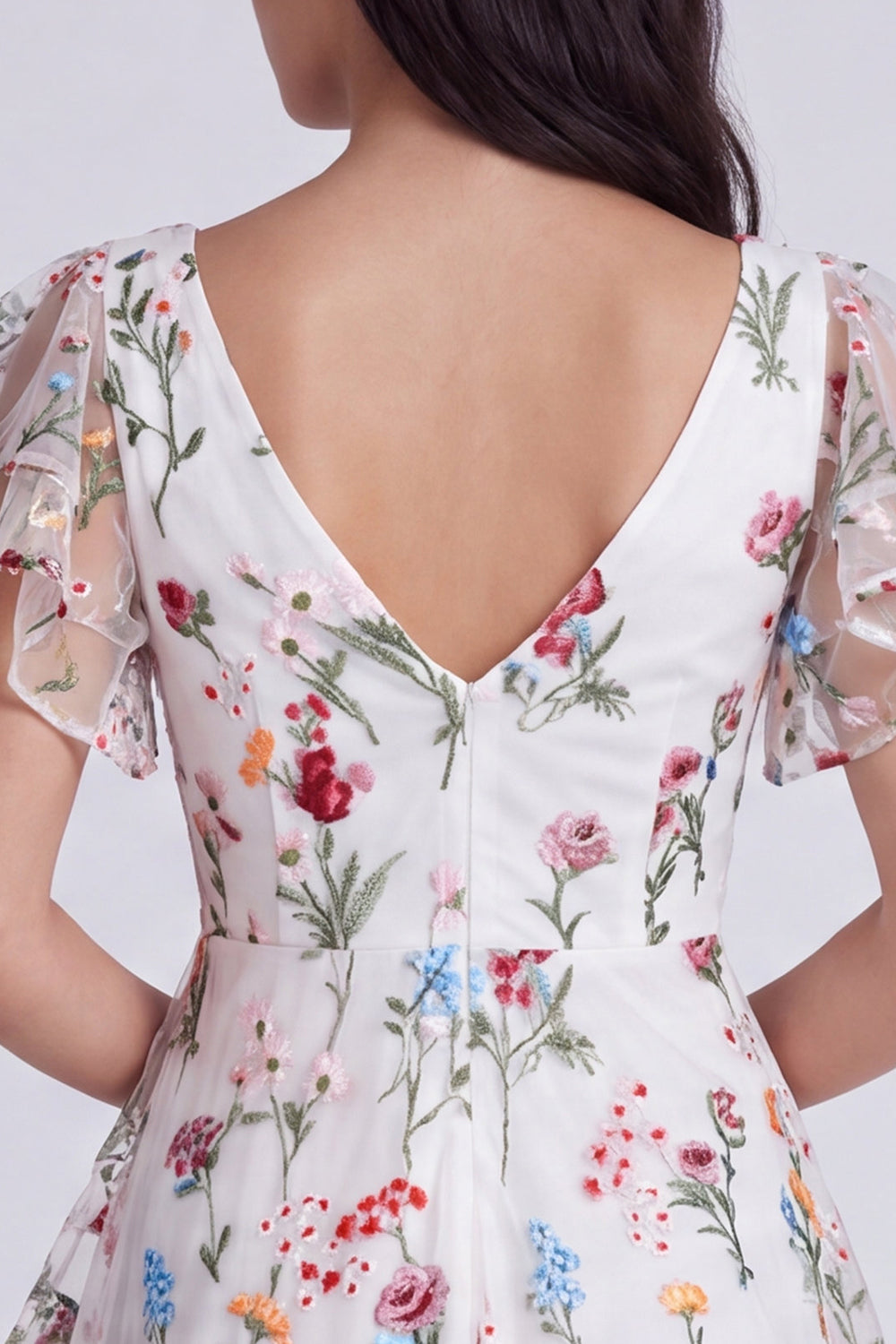 Ivory Floral A-Line V-Neck Graduation Dress with Ruffles