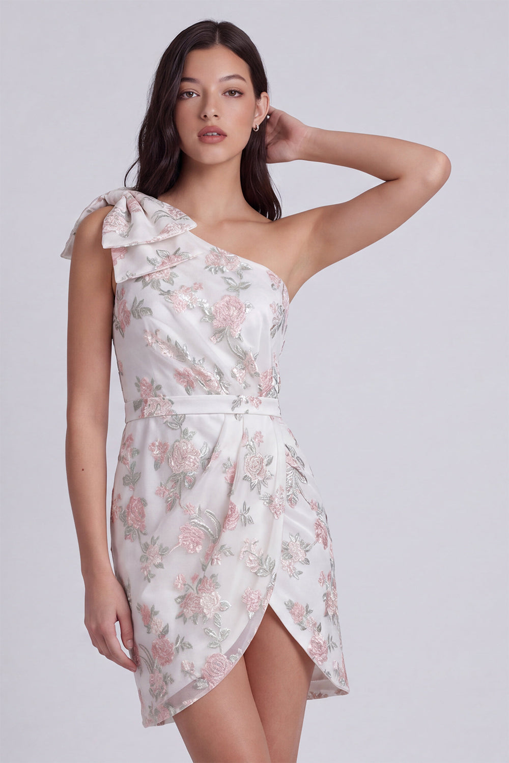 One Shoulder Floral Bodycon Little White Dress with Bow