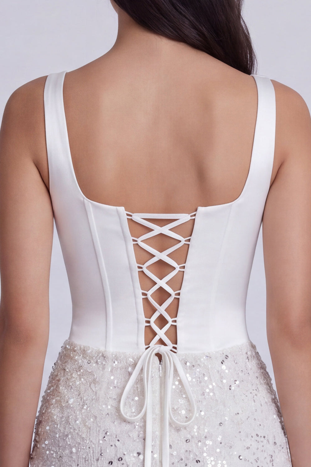 Bodycon Corset Sequins Square Neck Little White Dress with Lace Up Back