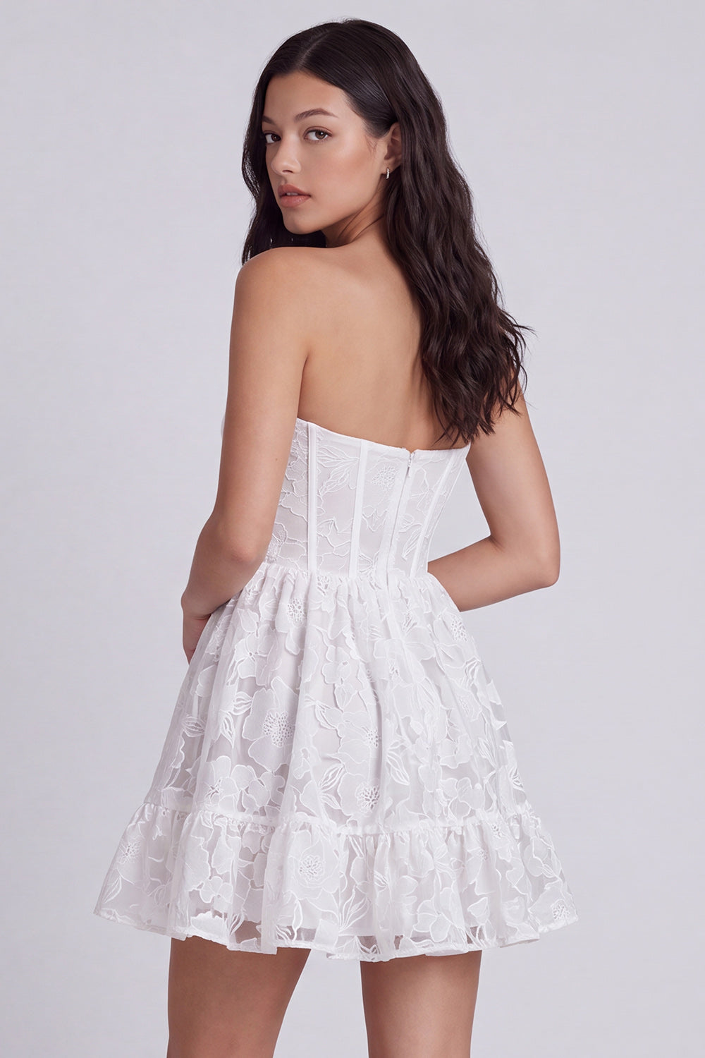Strapless A-Line Floral Corset Little White Dress
