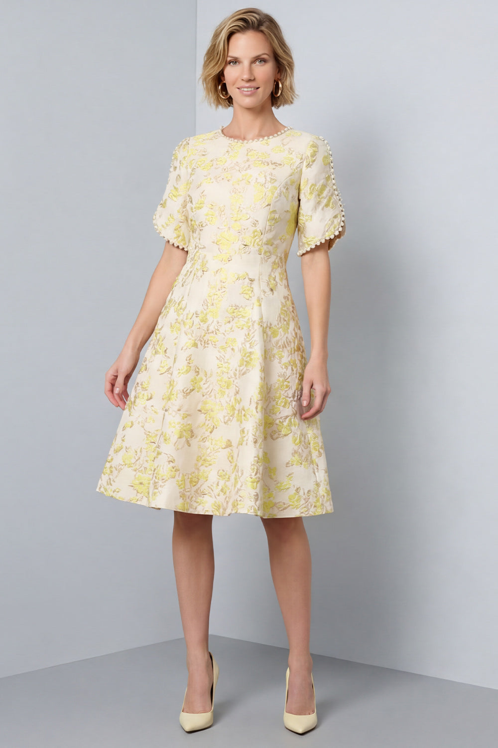 A-Line Light Yellow Round Neck Floral Midi Work Dress