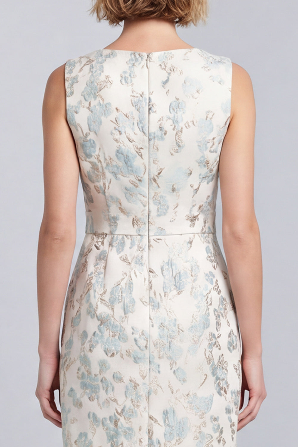 Light Blue Floral Round Neck Bodycon Mini Work Dress