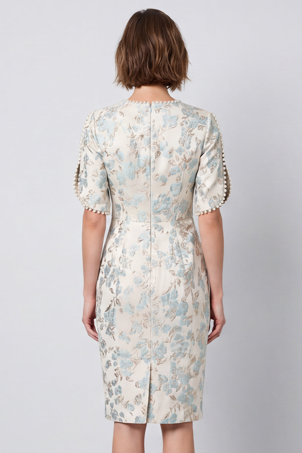 Bodycon Light Blue Floral Round Neck Midi Work Dress with Short Sleeves