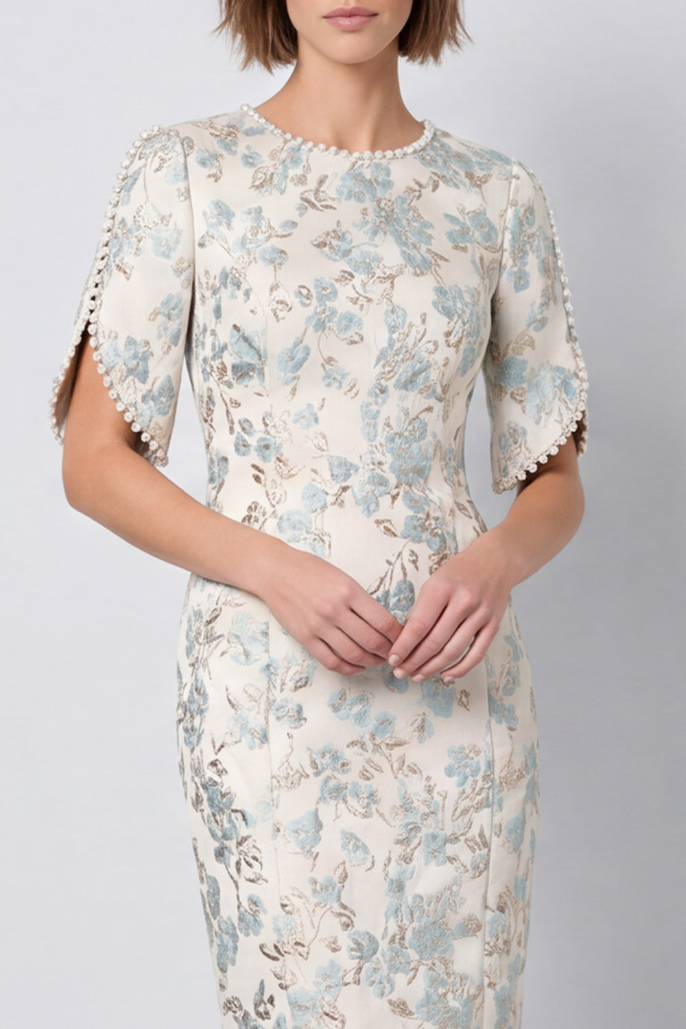 Bodycon Light Blue Floral Round Neck Midi Work Dress with Short Sleeves