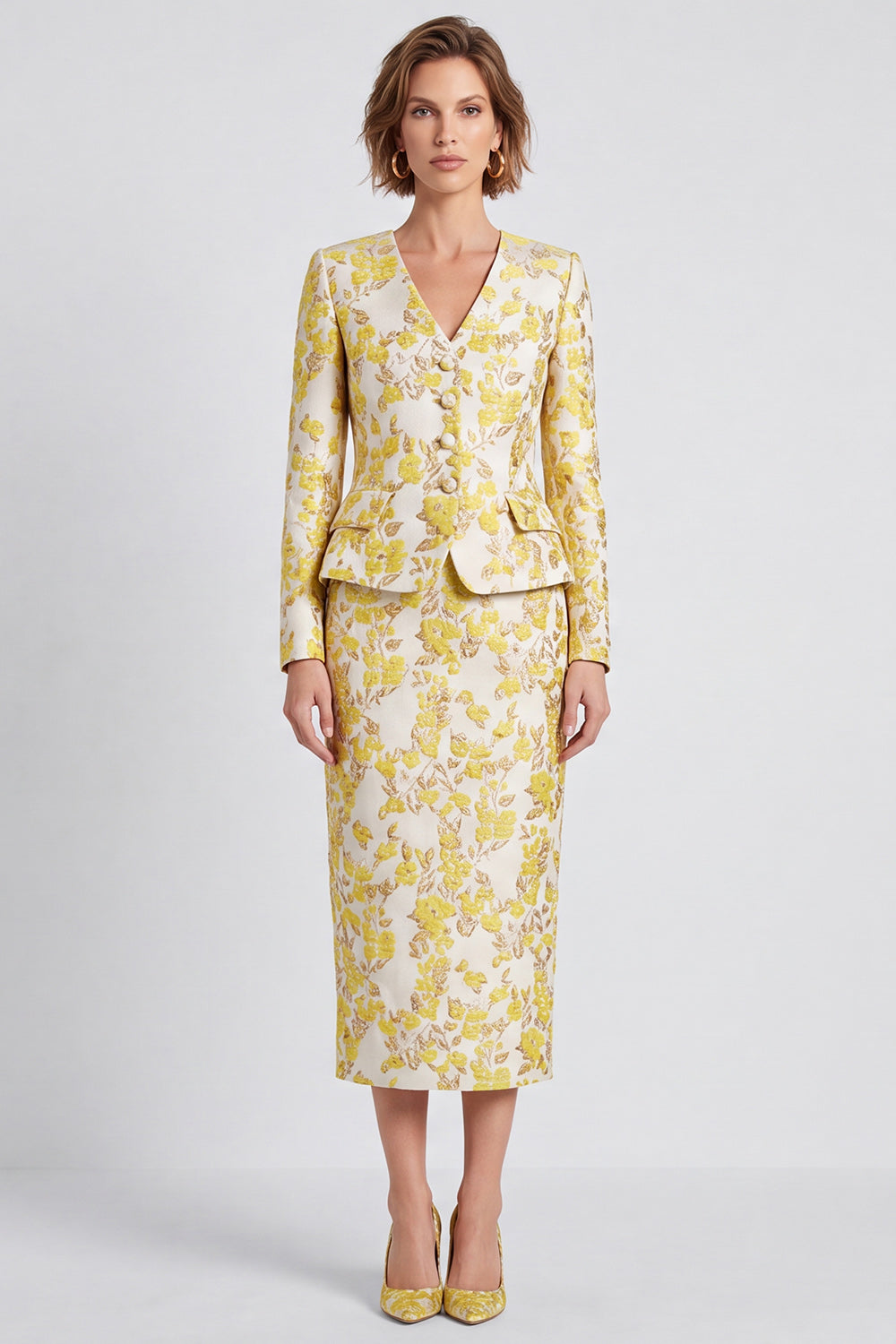 Robe de Travail Moulante Midi à Col en V Jaune Clair Fente Boutonnage Simple Imprimé Floral