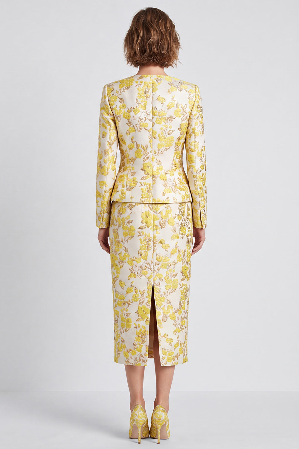 Robe de Travail Moulante Midi à Col en V Jaune Clair Fente Boutonnage Simple Imprimé Floral