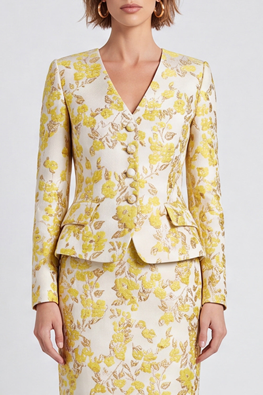 Robe de Travail Moulante Midi à Col en V Jaune Clair Fente Boutonnage Simple Imprimé Floral