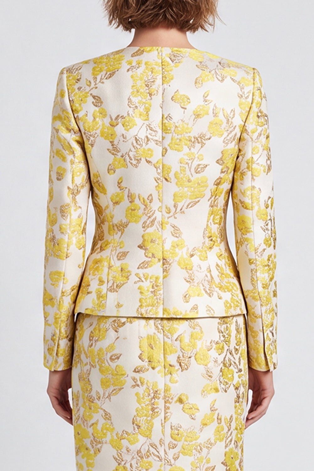 Robe de Travail Moulante Midi à Col en V Jaune Clair Fente Boutonnage Simple Imprimé Floral