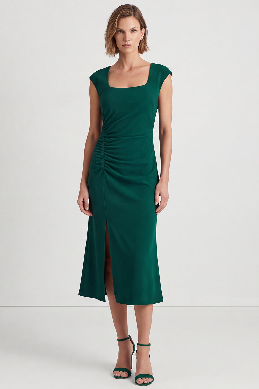 Dark Green Square Neck Ruched Cap Sleeves Midi Work Dress with Slit