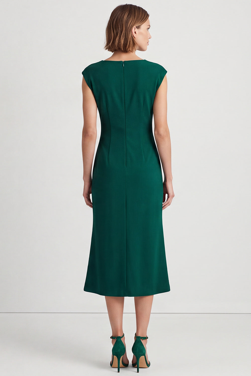 Dark Green Square Neck Ruched Cap Sleeves Midi Work Dress with Slit