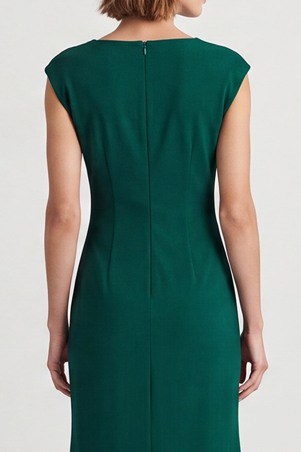 Dark Green Square Neck Ruched Cap Sleeves Midi Work Dress with Slit