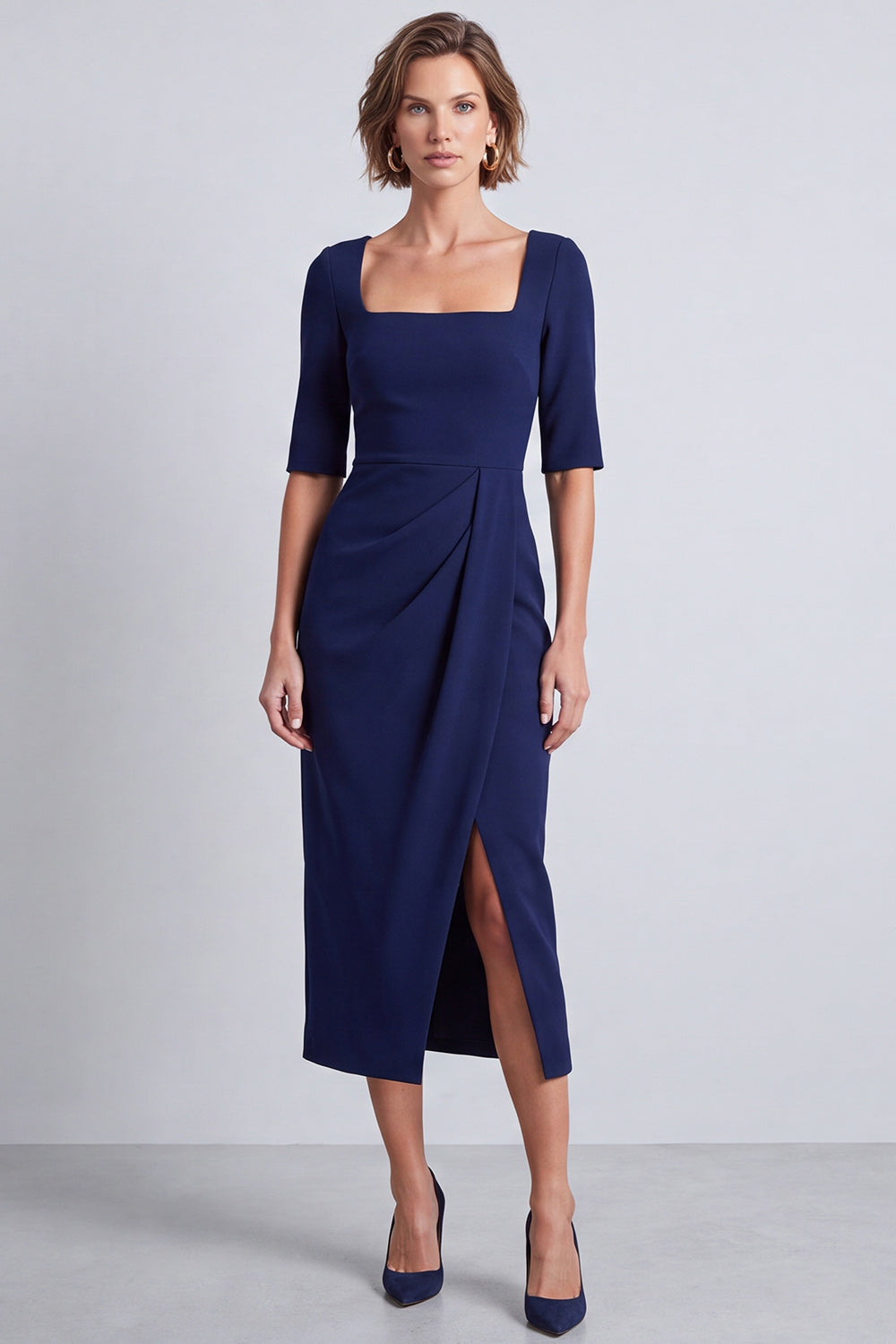 Robe de travail mi-longue fourreau bleu marine à col bateau froncé avec fente et manches mi-longues