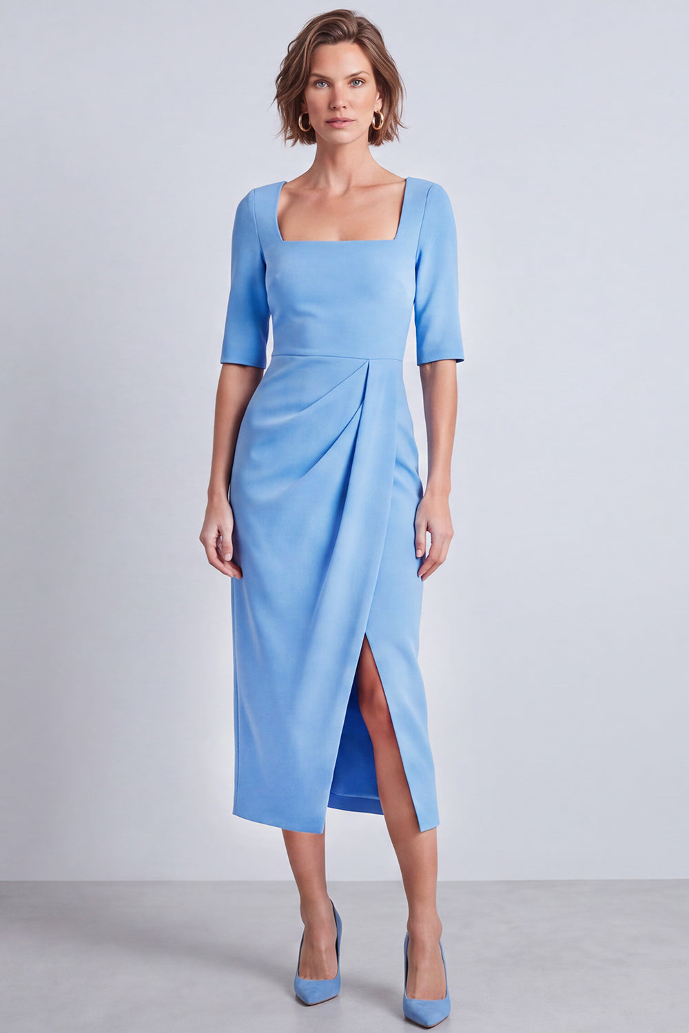 Robe de travail mi-longue fourreau bleu marine à col bateau froncé avec fente et manches mi-longues