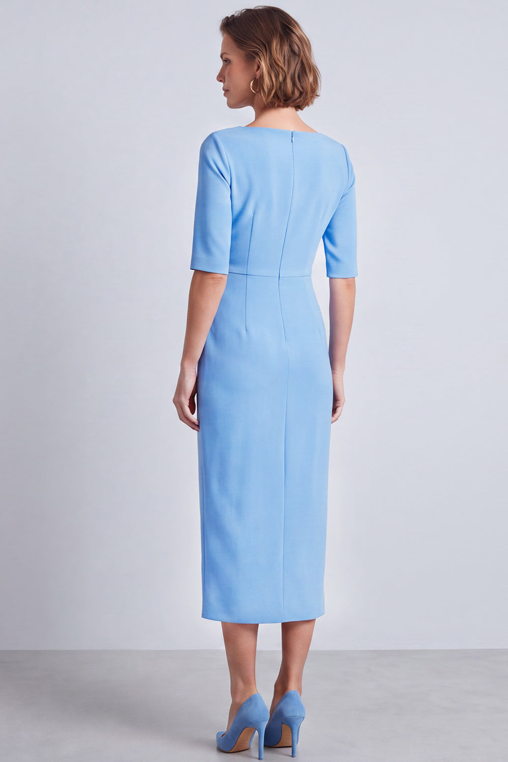 Robe de travail mi-longue fourreau bleu marine à col bateau froncé avec fente et manches mi-longues