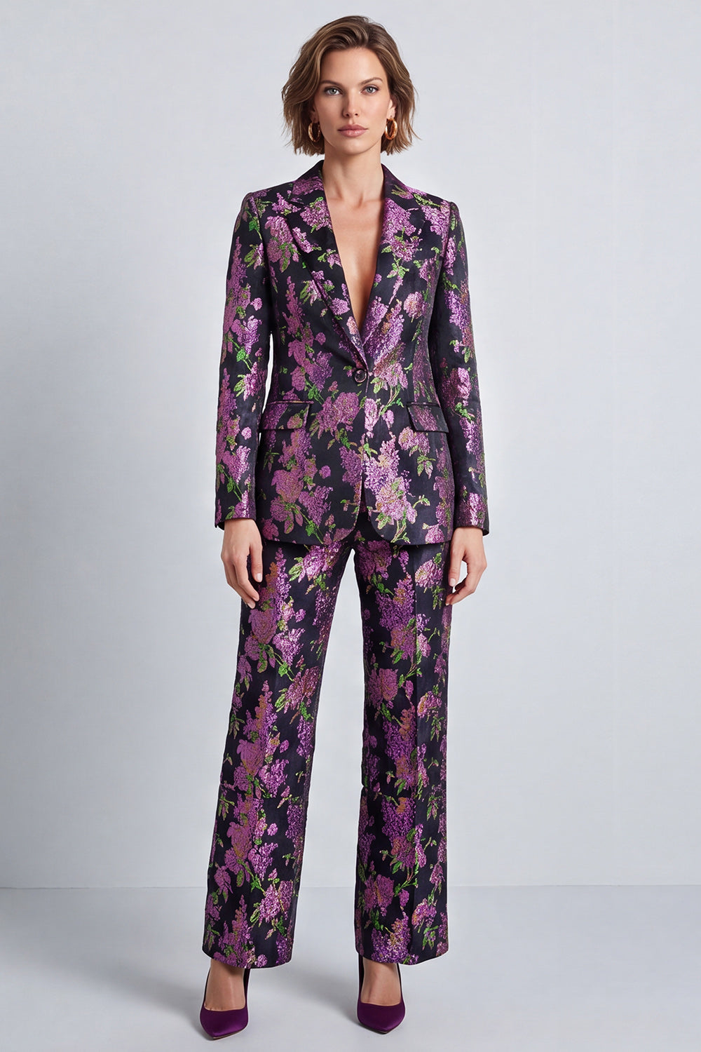 Black Purple Flower 2 Piece Notch Lapel One Button Prom Suits