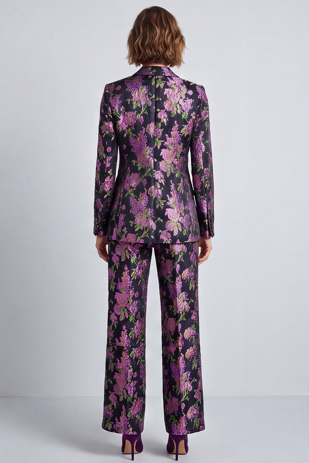 Black Purple Flower 2 Piece Notch Lapel One Button Prom Suits
