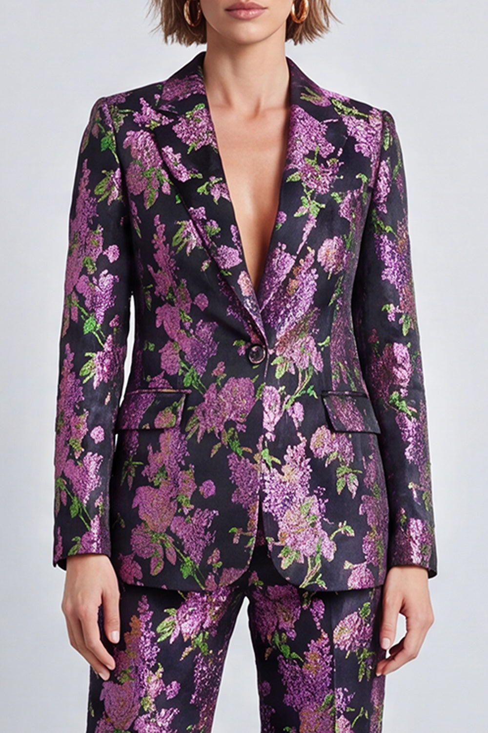 Black Purple Flower 2 Piece Notch Lapel One Button Prom Suits