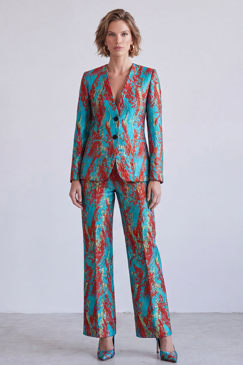 Blue and Red 2 Piece Single Breasted V-Neck Women Suits