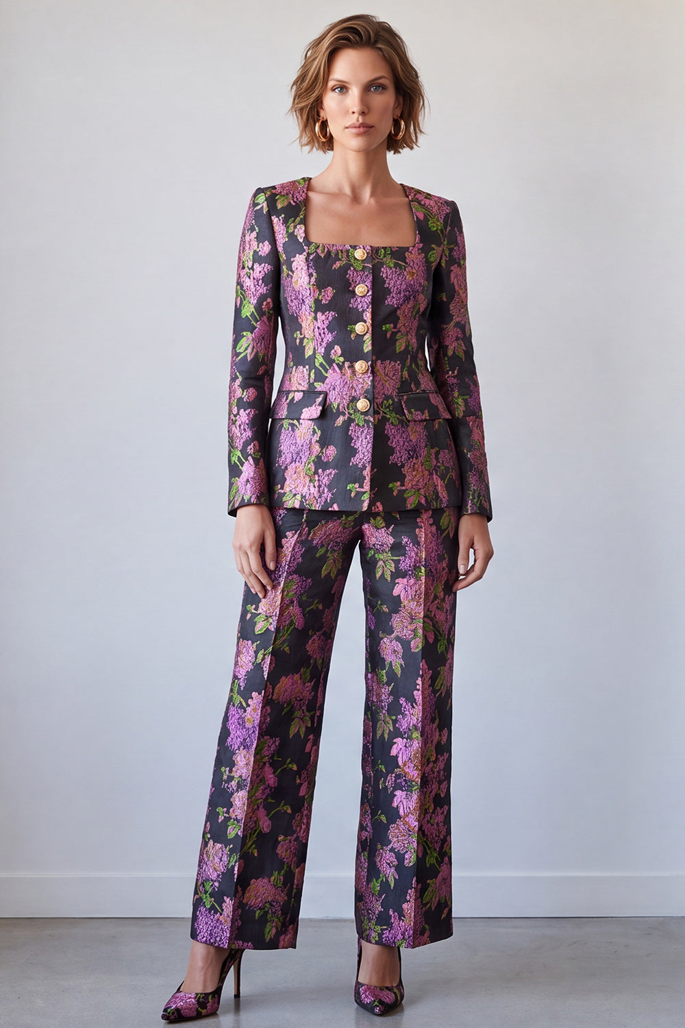 Black Purple Flower Square Neck 2 Piece Single Breasted Prom Suits