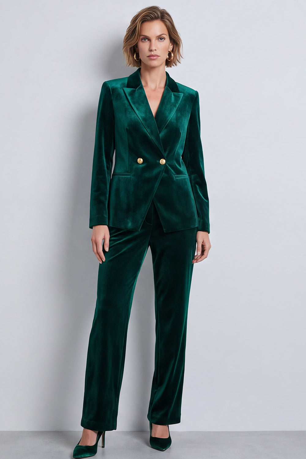 Dark Green Peak Lapel 2 Piece Velvet Double Breasted Women's Suits