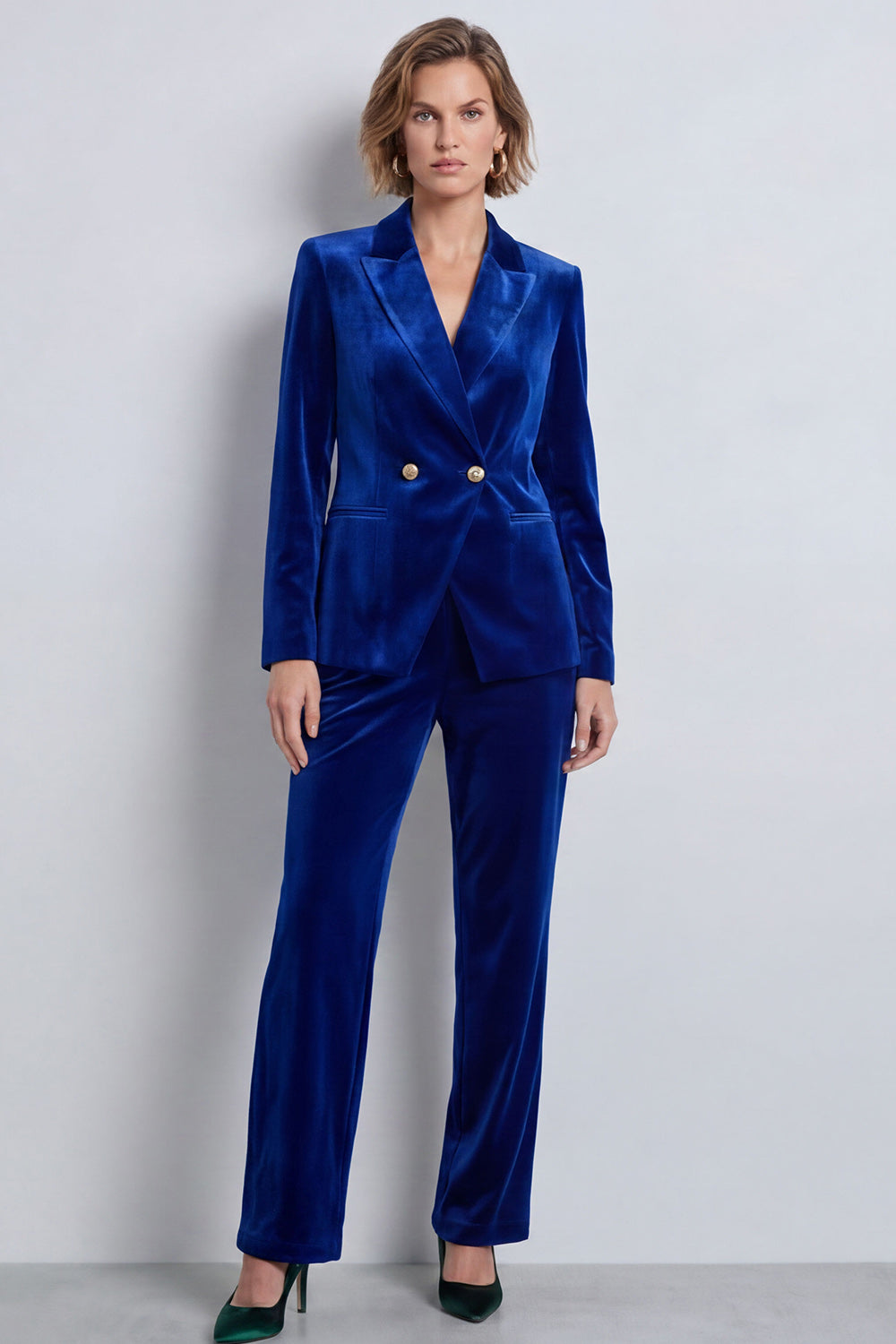 Dark Green Peak Lapel 2 Piece Velvet Double Breasted Women's Suits