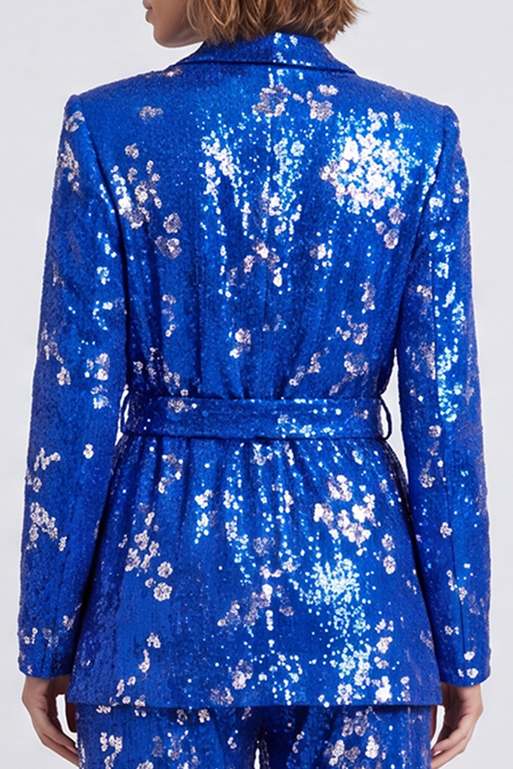 Sparkly Royal Blue 2 Piece Shawl Lapel Sequins Prom Suits with Belt
