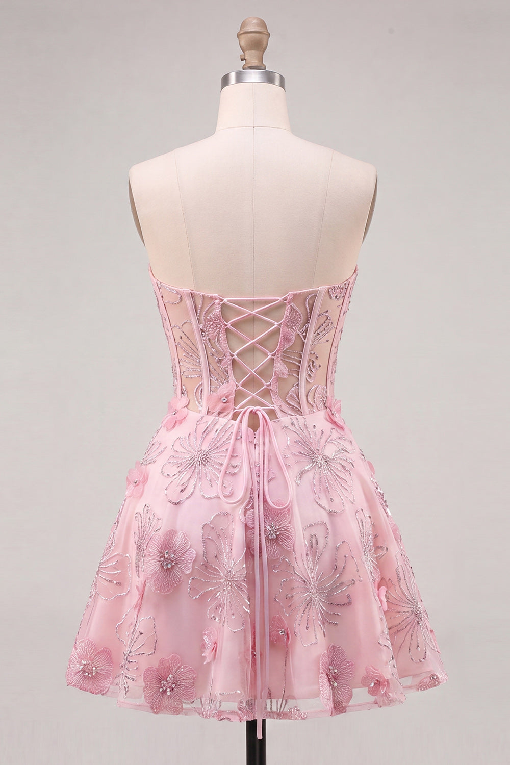 Pink Sheer Corset Floral A-Line Sweetheart Lace Up Back Homecoming Dress with Beading
