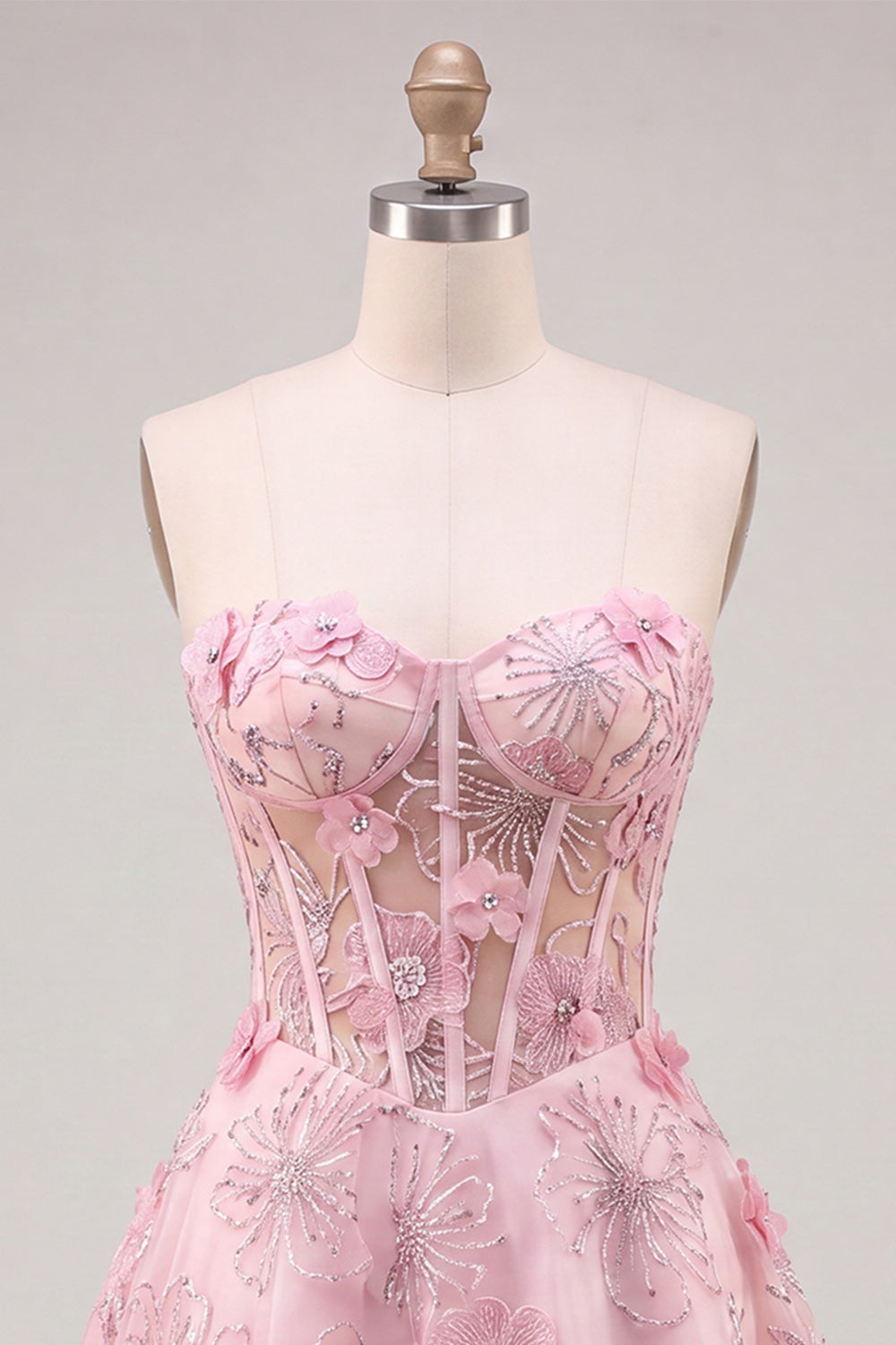 Pink Sheer Corset Floral A-Line Sweetheart Lace Up Back Homecoming Dress with Beading