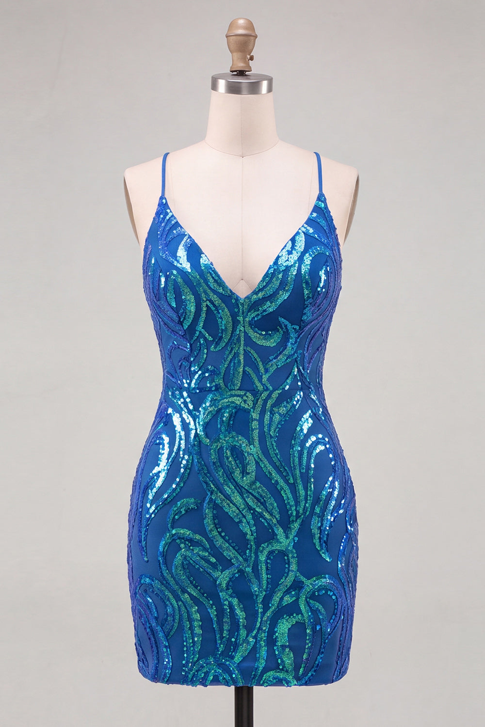 Dark Blue Sequins Bodycon Spaghetti Straps Cocktail Dress with Lace Up Back