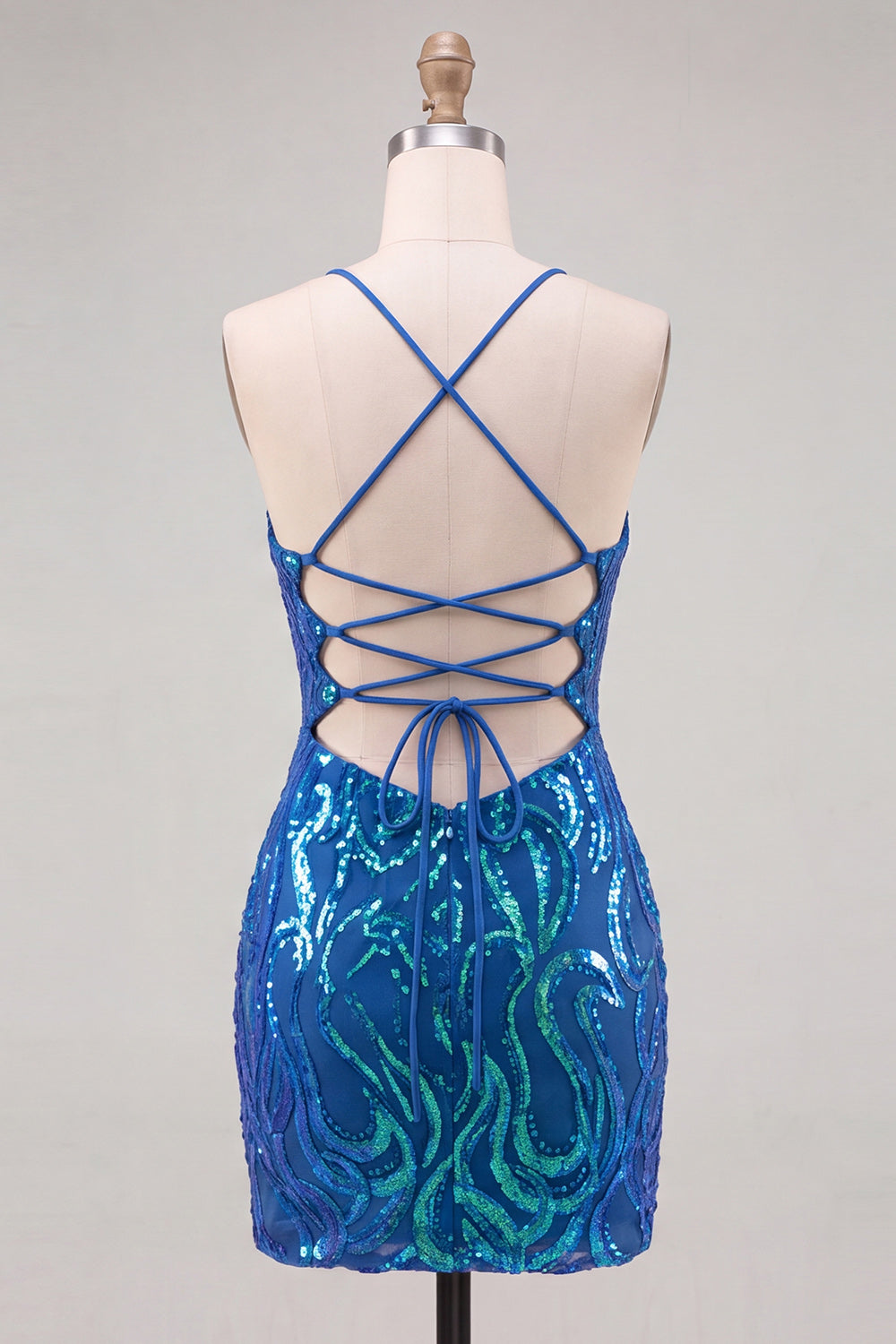 Dark Blue Sequins Bodycon Spaghetti Straps Cocktail Dress with Lace Up Back