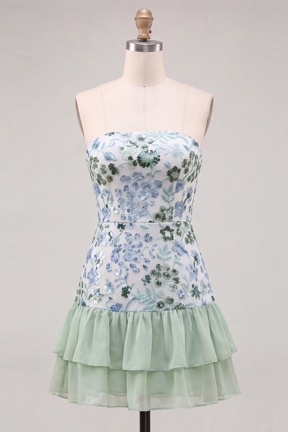 Light Green Strapless A-Line Tiered Sequins Ruffle Short Homecoming Dress