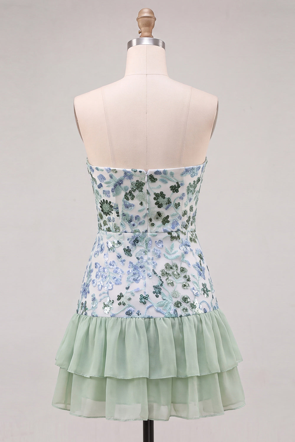 Light Green Strapless A-Line Tiered Sequins Ruffle Short Homecoming Dress