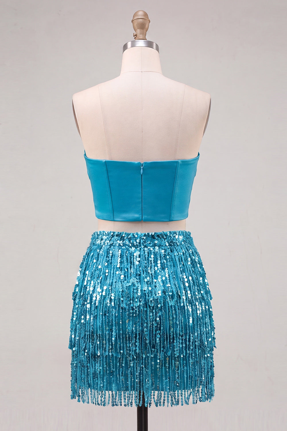 Blue Strapless Bodycon 2 Piece Sequins Corset Homecoming Dress with Fringes
