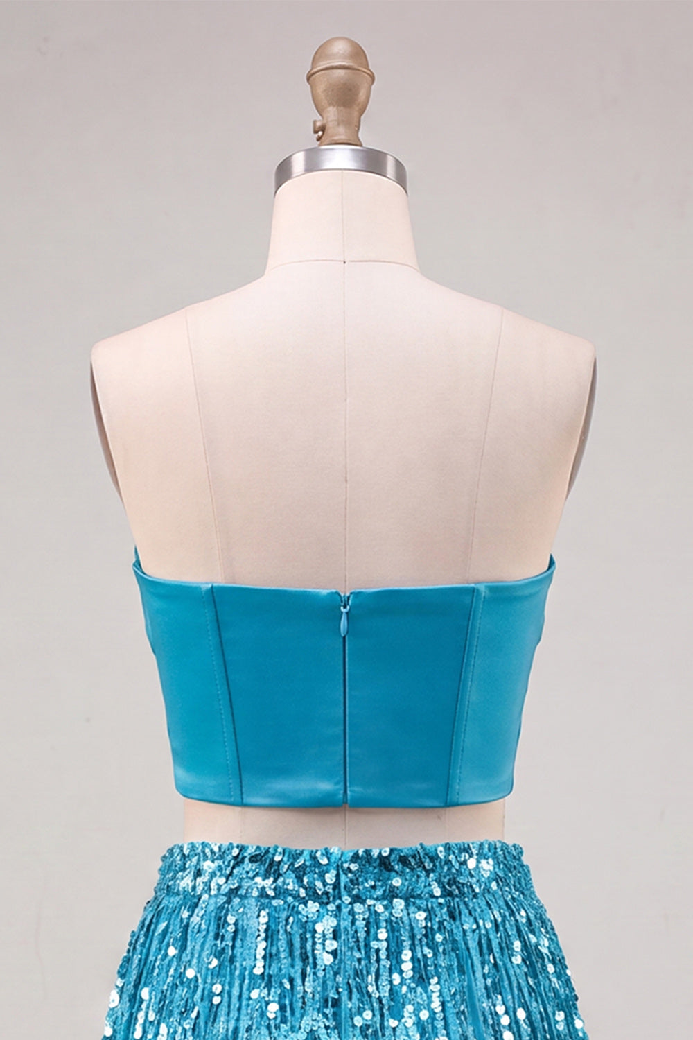 Blue Strapless Bodycon 2 Piece Sequins Corset Homecoming Dress with Fringes
